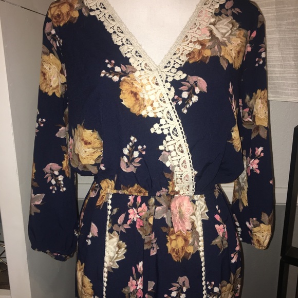 Navy Blue Floral Flower Jumper Romper Long Seeve - Picture 3 of 5